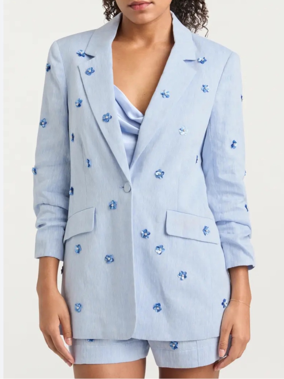 cinq a sept Light Blue Linen-Blend Blazer with flower embellishments - Picture 16 of 16